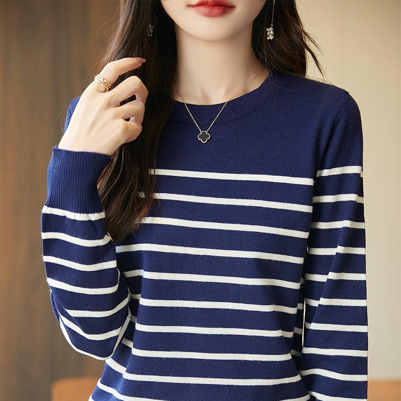 

Женский свежий полосатый осенне-зимний вязаный свитер с круглым вырезом - Длинный рукав, универсальный базовый слой X-Large
