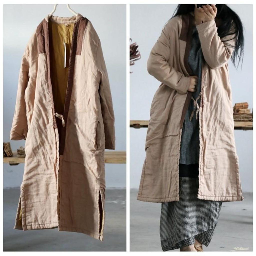Kadın Çin Tarzı Patchwork Renk Parkas V Yaka Uzun Kollu Kış Sıcak Mont Keten Vintage Gevşek Parkas