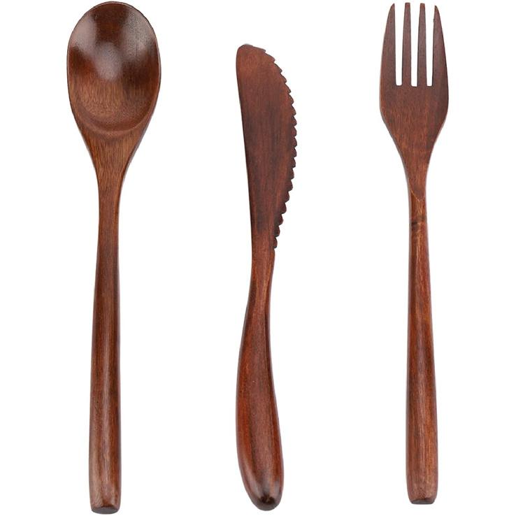 3Pcs Wooden Spoon Fork Knife Cutlery Set, Japanese Reusable Wooden Bamboo Cutlery Set