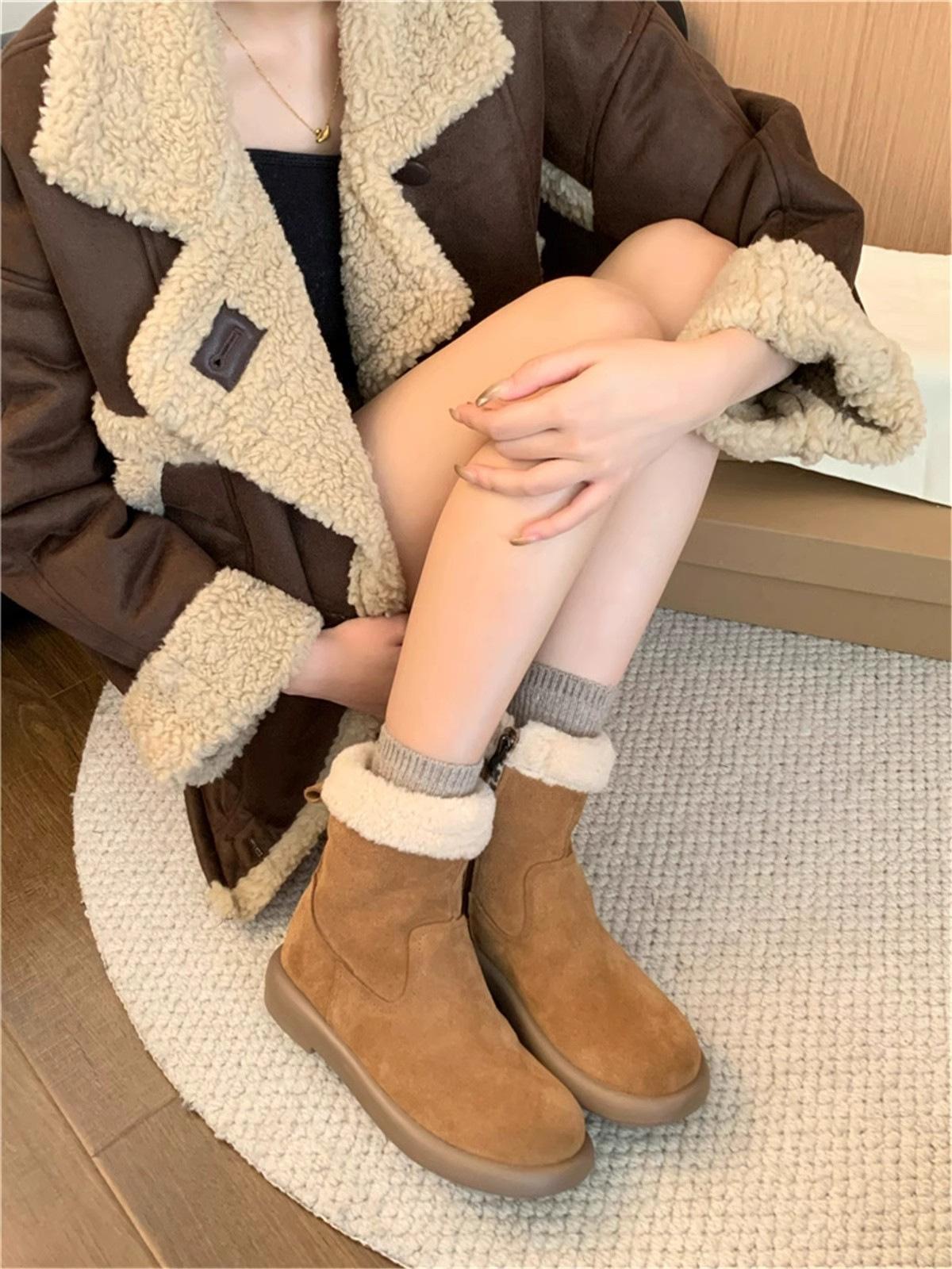 

thick-soled snow boots women s shoes 2024 autumn and winter piled thickened cotton shoes warm fluffy boots short boots 40 верблюд