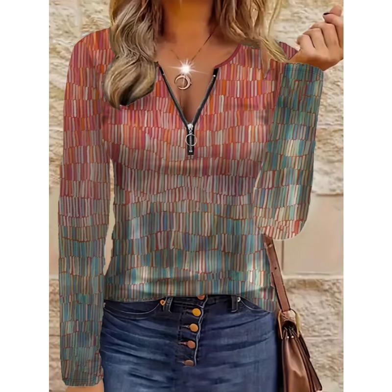 Top da donna elegante con cerniera e stampa a maniche lunghe, alla moda e versatile per l'abbigliamento casual e da ufficio autunnale e invernale, lavabile in lavatrice