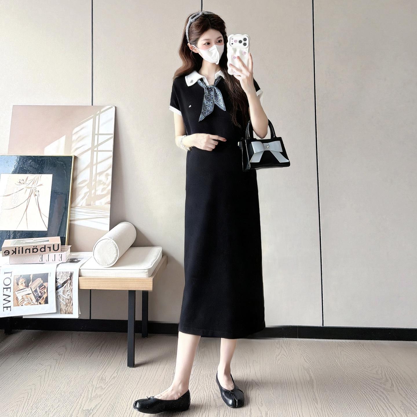2026 Summer Korean Style Sweet Lapel Maternity Dress - Slimming, Short Sleeve, Simple, Fashionable Skirt 2XL