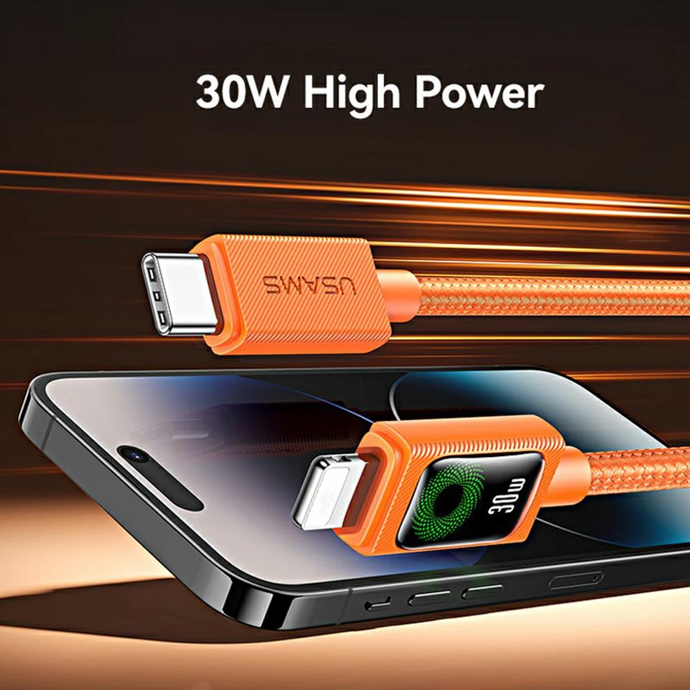 USAMS SJ774 U92 1.2m Type-C to Lightning Cable 30W Fast Charging Data Transfer Cord with LED Light