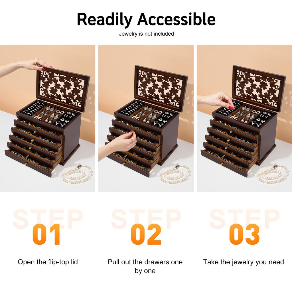 6 Layer Jewelry Box Wood Jewelry Organizer Storage Box Without Mirror Multi Compartment for Rings Earrings Necklaces Bracelets