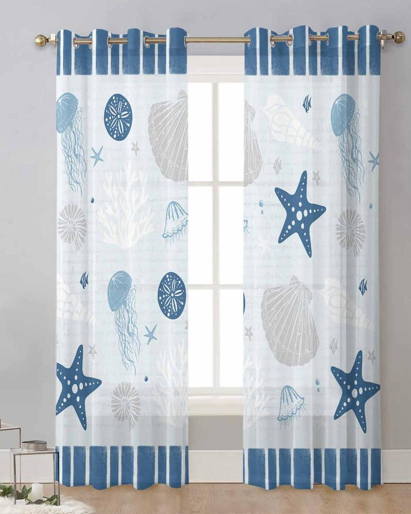 Ocean Paski Rozgwiazda Muszla Meduza Koral Koncha Niebieskie Przezroczyste Zasłony Zasłony Okienne do Salonu Zasłony Tiulowe Woalowe do Kuchni