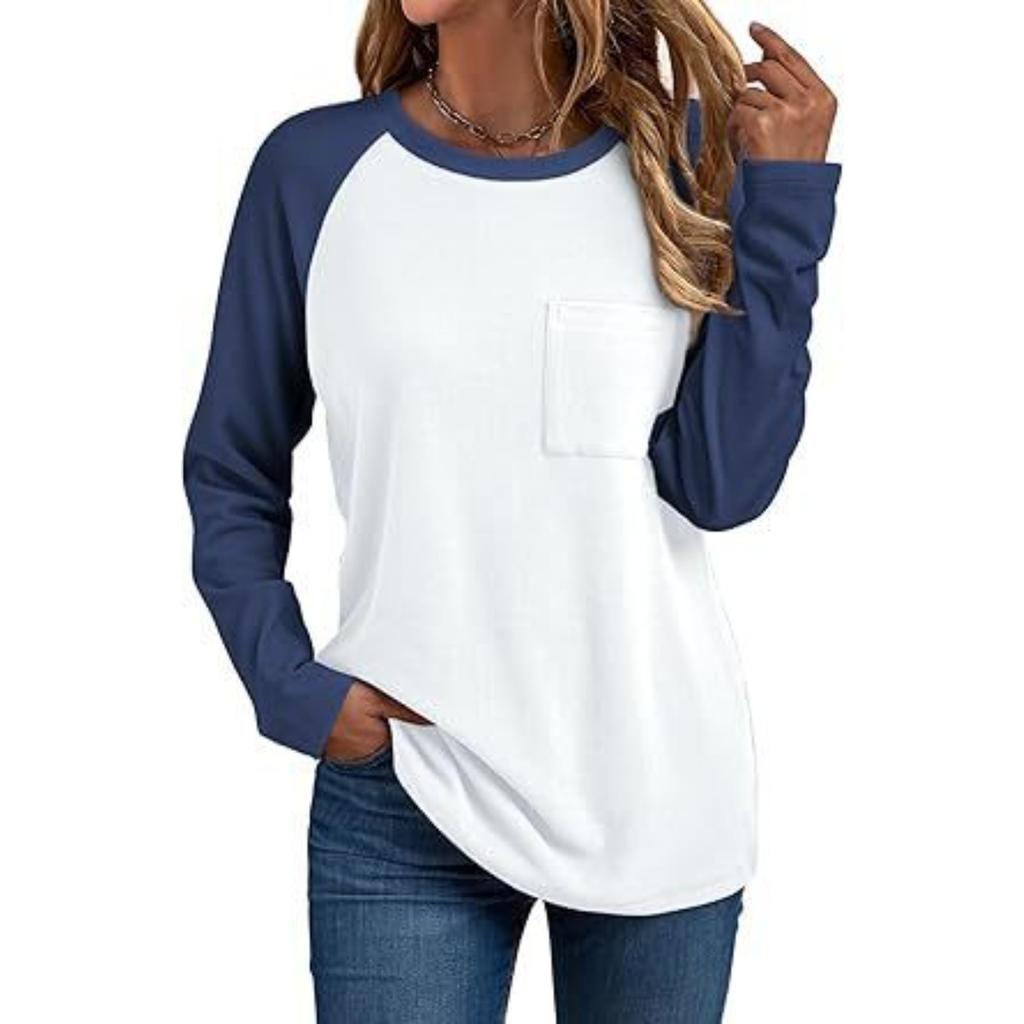New Women's Casual Crew Neck Long Sleeve Patchwork T-Shirt with Pocket, Fashion European American Style Top for Crossborder