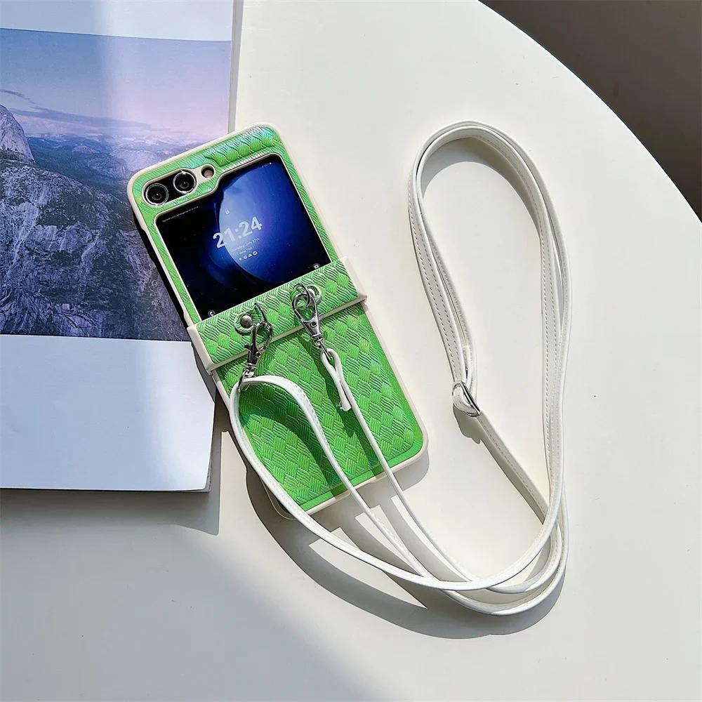 Lanyard Crossbody Weave Leather Phone Case for Samsung Galaxy Z Flip 6 5 4 3 Flip6 Flip5 Flip4 Flip3 5G Protective Cover