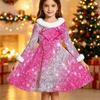 Vestito di Natale a Maniche Lunghe per Bambina, Stampa Glitterata con Corna e Stelle, Collo in Ecopelliccia, Decorazione con Fiocco, Vestiti da Principessa per Ragazza, Abbigliamento per Feste