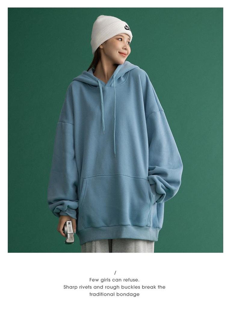 Plus Size Solid Color Korean Style Hooded Sweatshirt - Loose Mid-Length Pocket Jacket for Autumn/Winter
