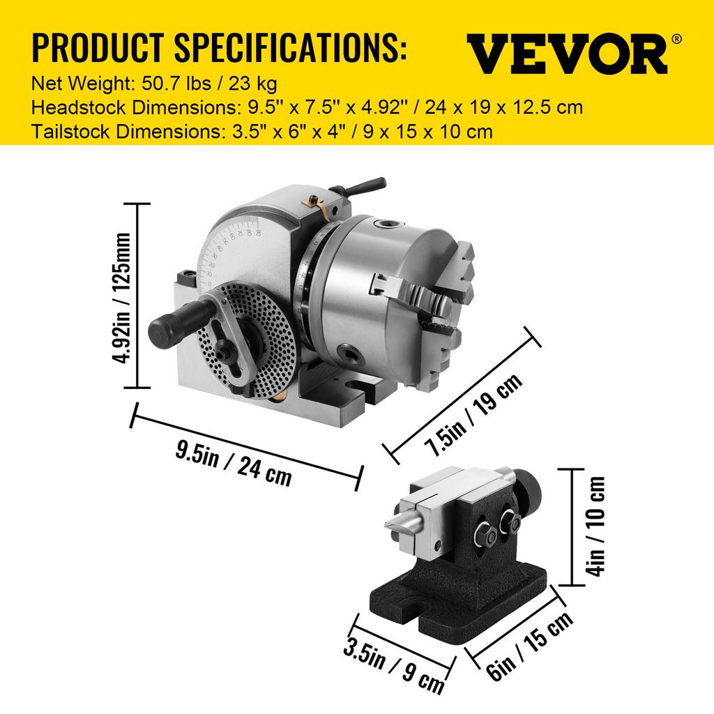 VEVOR BS-0 Precision Dividing Head, Horizontal Dividing Head with 3-Jaw Chuck