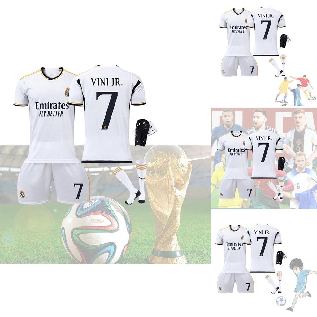 Real Madrid Home 7 Vini.jr Soccer Jersey Set For Kids And Adults Polyester Fabric Shirt Pants Socks And Protective Gear Included