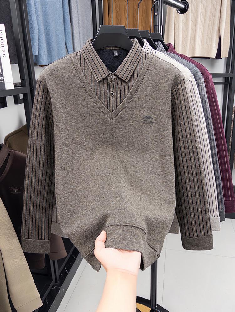 Men's Winter Striped Knitted Sweater - Faux Two-Piece with Turn-Down Collar, Fleece Lined