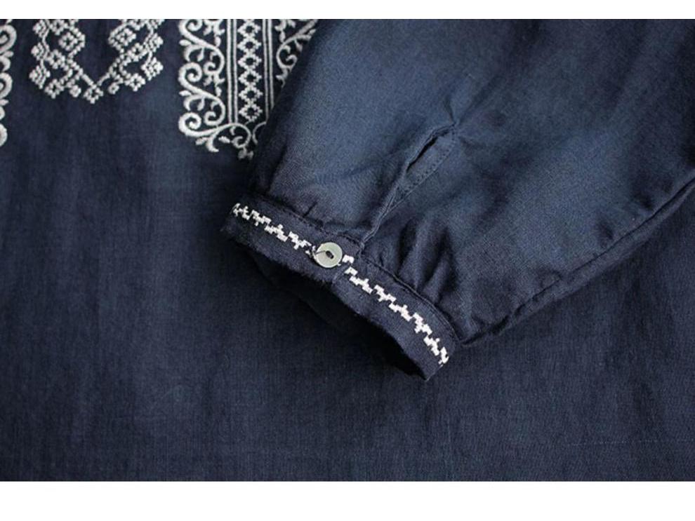 Women's Plus Size Cotton & Linen Shirt - Spring/Summer 2025 Ethnic Style with Wheat Ear Embroidery, Long Sleeve, Loose Fit.