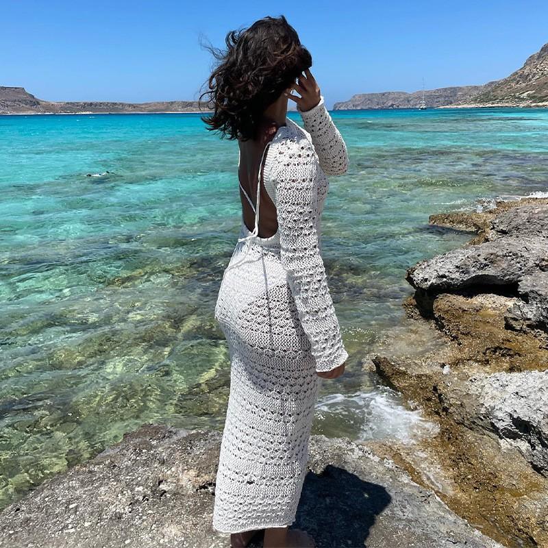Womens Long Sleeve Crochet Knit Midi Dress With Back Tie Detail High Waist Slim Fit Office Casual Wear