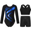 Girls Gymnastics Dance Set Long Sleeve Metallic Patchwork Leotard Cross Back Vest Rhinestone Waistband Shorts