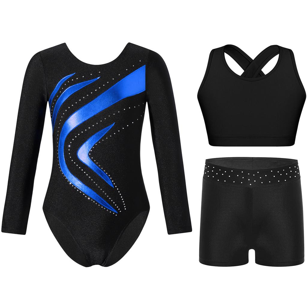 Girls Gymnastics Dance Set Long Sleeve Metallic Patchwork Leotard Cross Back Vest Rhinestone Waistband Shorts