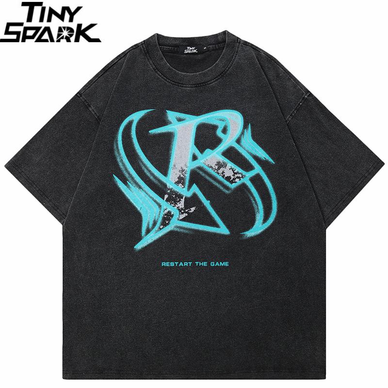 Hip Hop Streetwear Men TShirt Oversized Restart Letter Graphic T Shirt Vintage Washed Black Tshirt Cotton Unisex Tops Tees