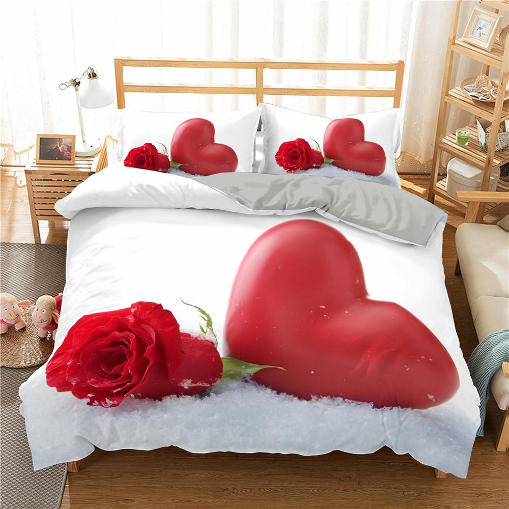 Red Rose Duvet Cover Set Red Flower Gray Background 3D Comforter Cover Valentine's Day Gift King Queen Size For Girls Women Kids