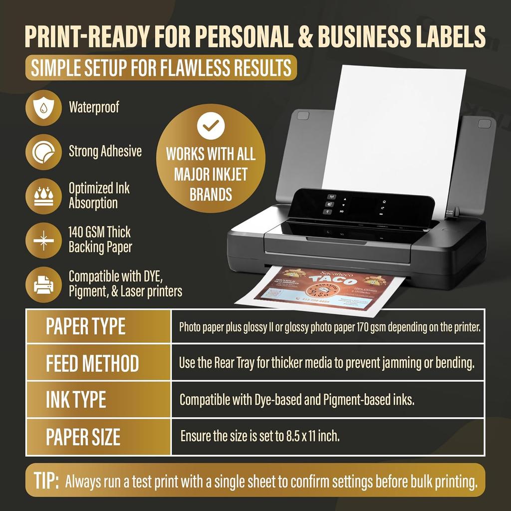 30 Glossy Sticker Sheets 8.5 x 11, Printable Glossy High Resolution Paper for Inkjet Printer (Dyes or PIGMENTS), Papel Adhesivo Brillante Waterproof