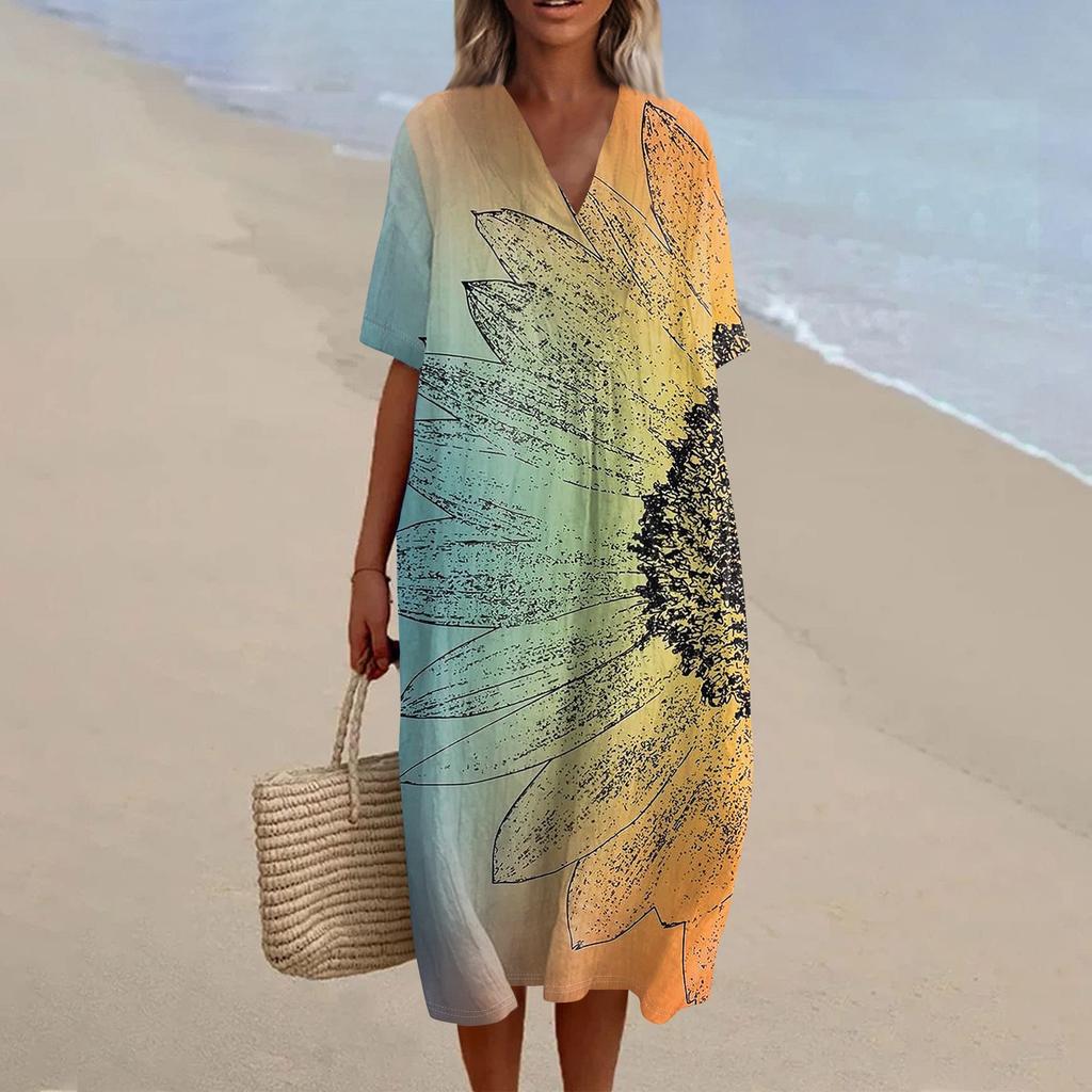 Damen Locker Lässig Mode V-Ausschnitt Bedrucktes Kleid Strandrock