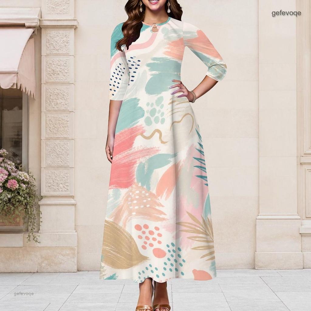 Women Plus Size Round Neck Keyhole 3 4 Sleeve Abstract Floral Gradient Print Maxi Dress