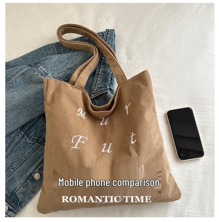 Korean Corduroy Embroidered Tote Bag for Students - Artistic Autumn/Winter Design
