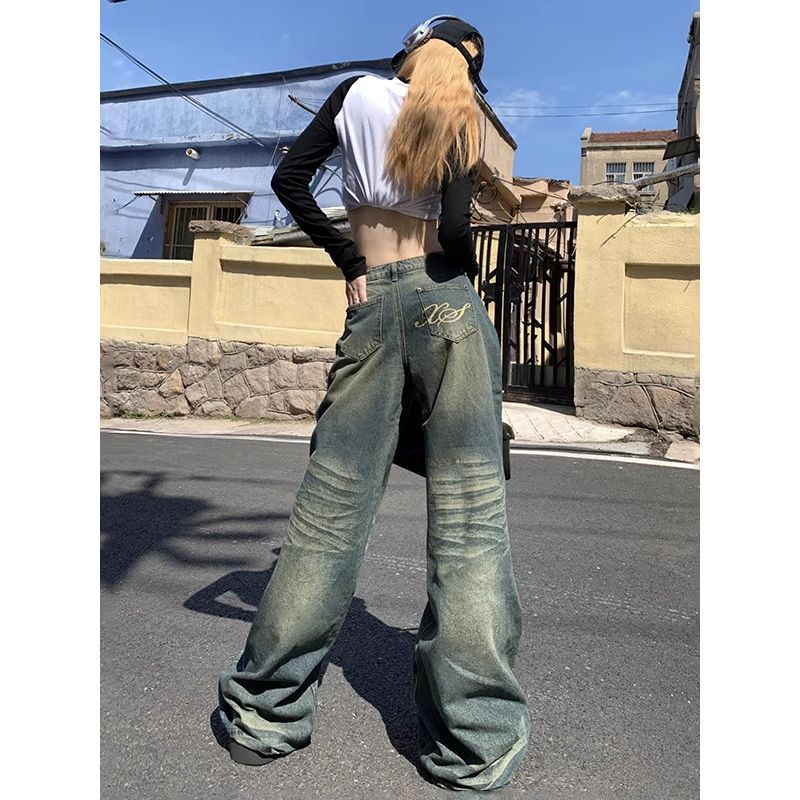 Small American Retro Loose Pants Women's High Street Sexy Distressed Drape Low Waist Baggy Straight Trousers Denim Summer