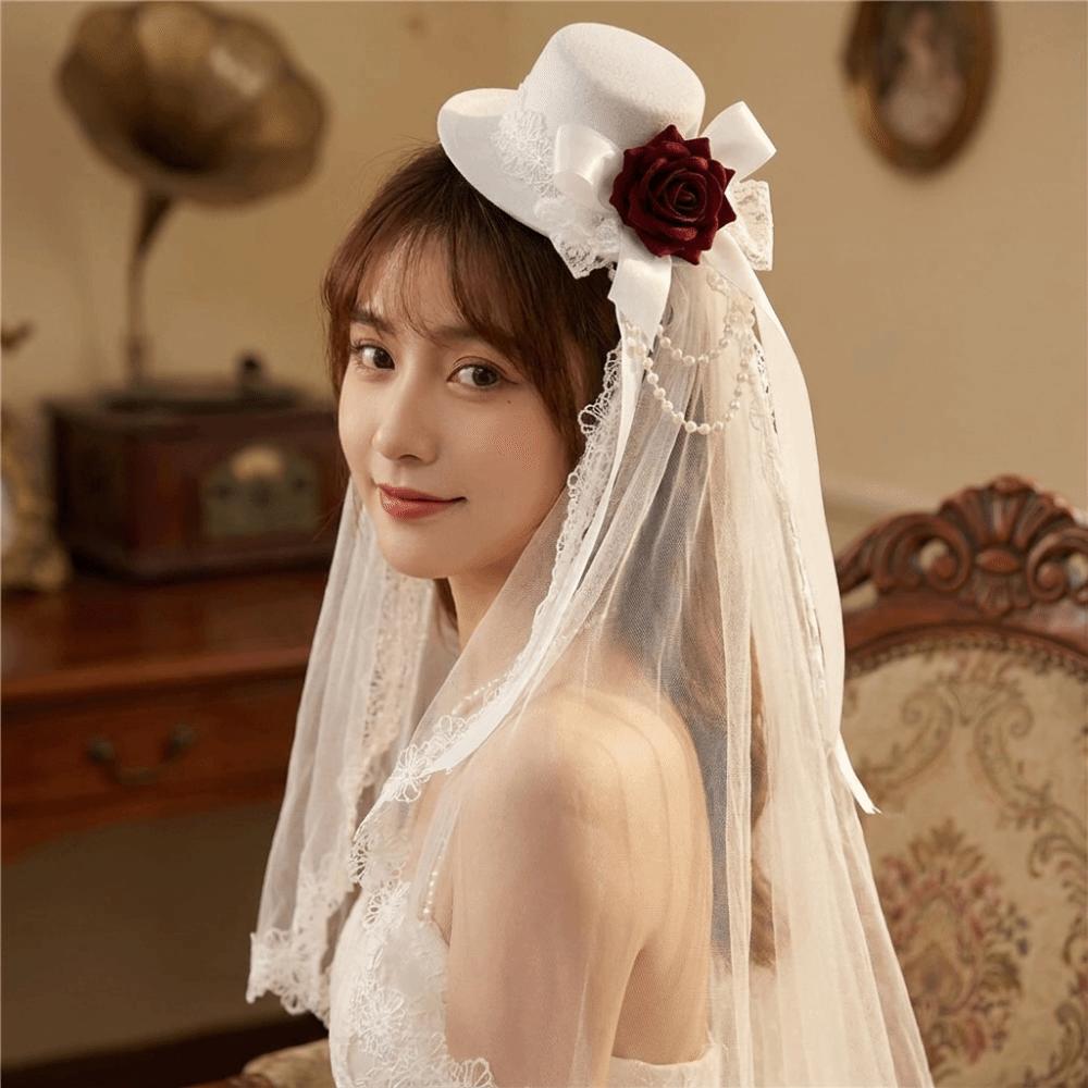 Chain Detail Mini Top Chiffon Rose Hat Rose Decoration Retro Small Top Hat Costume Party