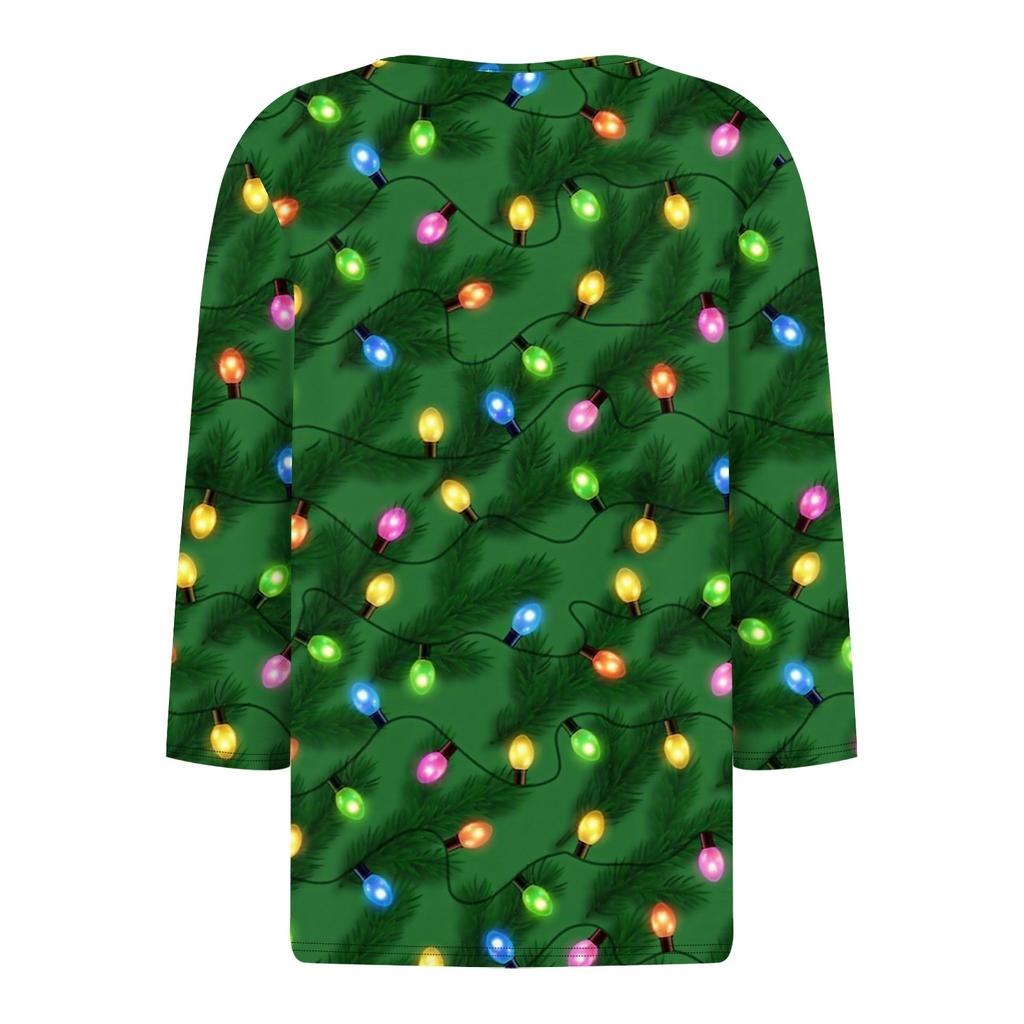 Women's T Shirt Tee Christmas Print Button 3/4 Sleeve Daily Weekend Fashion Basic V Neck Regular Top