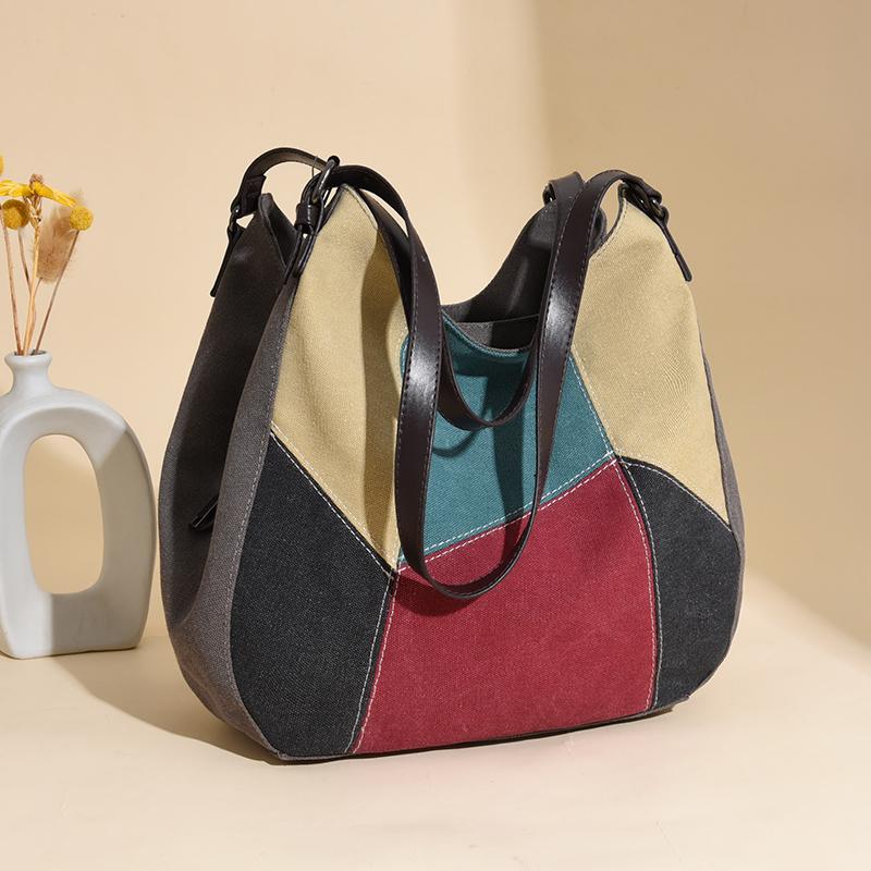 Women's Shoulder Bag Large Capacity Tote Bag Contrast Color Stitching Canvas Bag
