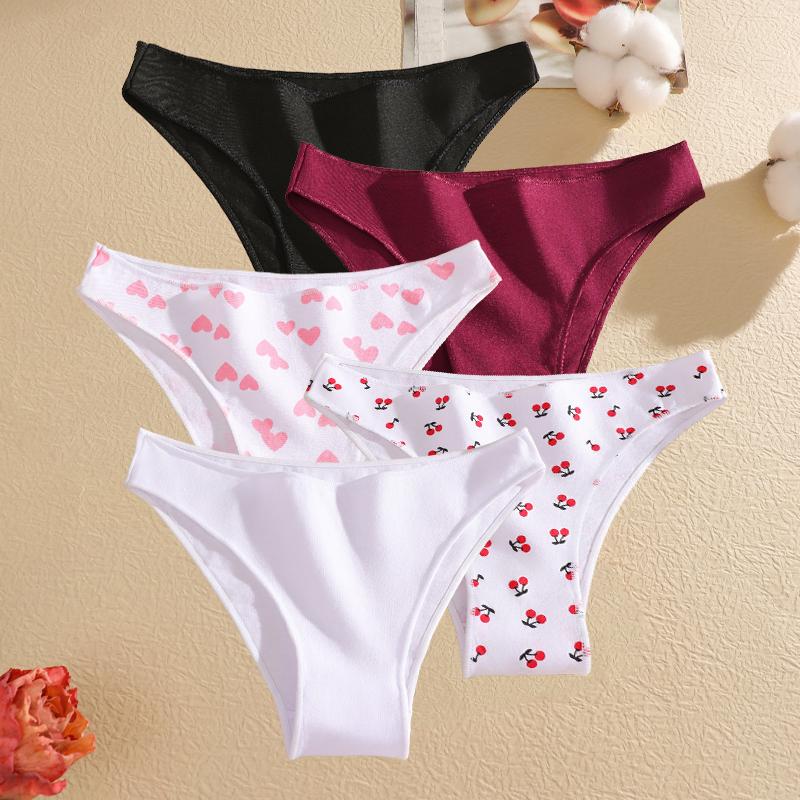 FINETOO 5Pcs/Set Seamless Cotton Cherry Lips Printing Panties Women Sexy Low Waist Cotton Crotch Spring Autumn Underwear Ladies Lingerie