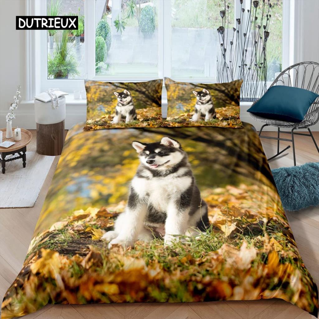 Husky Duvet Cover Puppy Pet Flower Floral Jungle Natural Scenery Cute Animal Bedding Set Polyester Double Queen King Quilt Cover