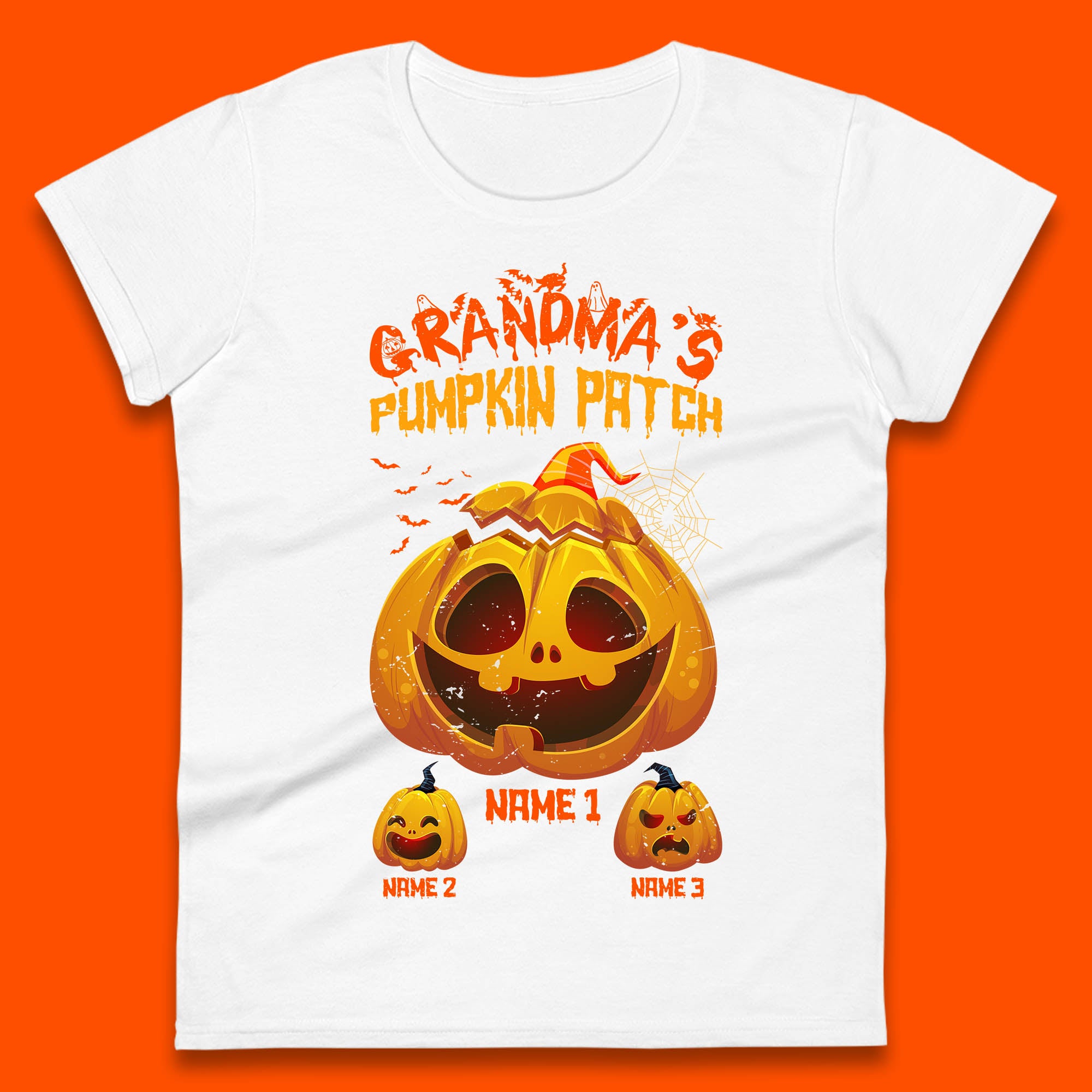 Personalised Grandma s Pumpkin Patch Halloween Grandma Pumpkin With Grandkid Names Gift Womens Tee T Shirt Mens Tops Unisex Top S