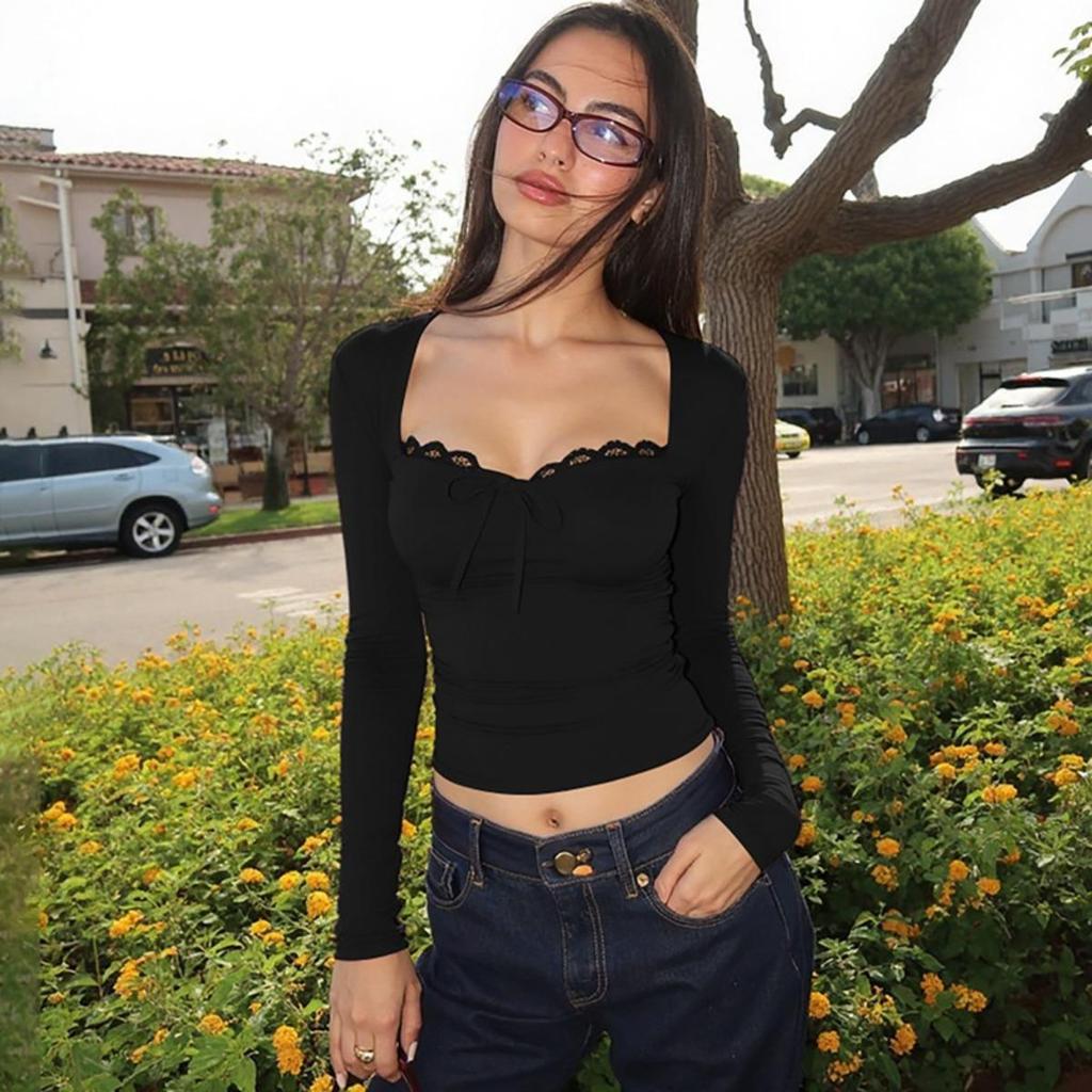 Dámská móda Podzim Nový Základní Top s Krajkovým Lemem, Zeštíhlující Sexy Úzký Crop Top Americký Evropský Styl