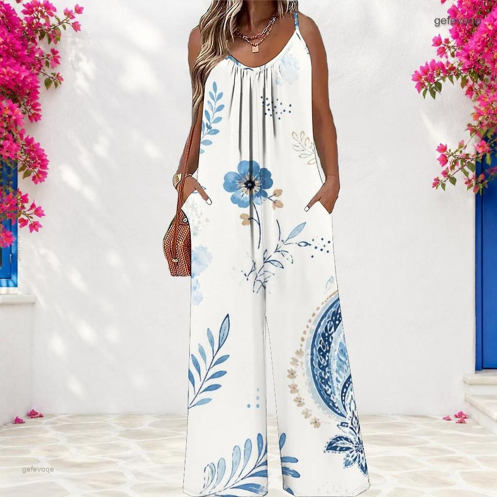 Women Plus Size Sleeveless Scoop Neck Gathered Front Floral Printed Wide Leg Jumpsuit With Pockets