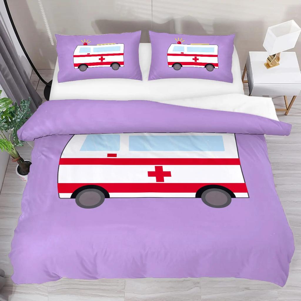 Comforter Ambulance Car King Queen White Cartoon Medical Car Bedding Set For Kid Hospital Rescue Vehicle Polyester