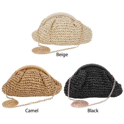 Women Straw Woven Bag Chain Strap Straw Clutch Purse Large Capacity Stylish Crossbody Bag Solid Color for Outdoor Travel