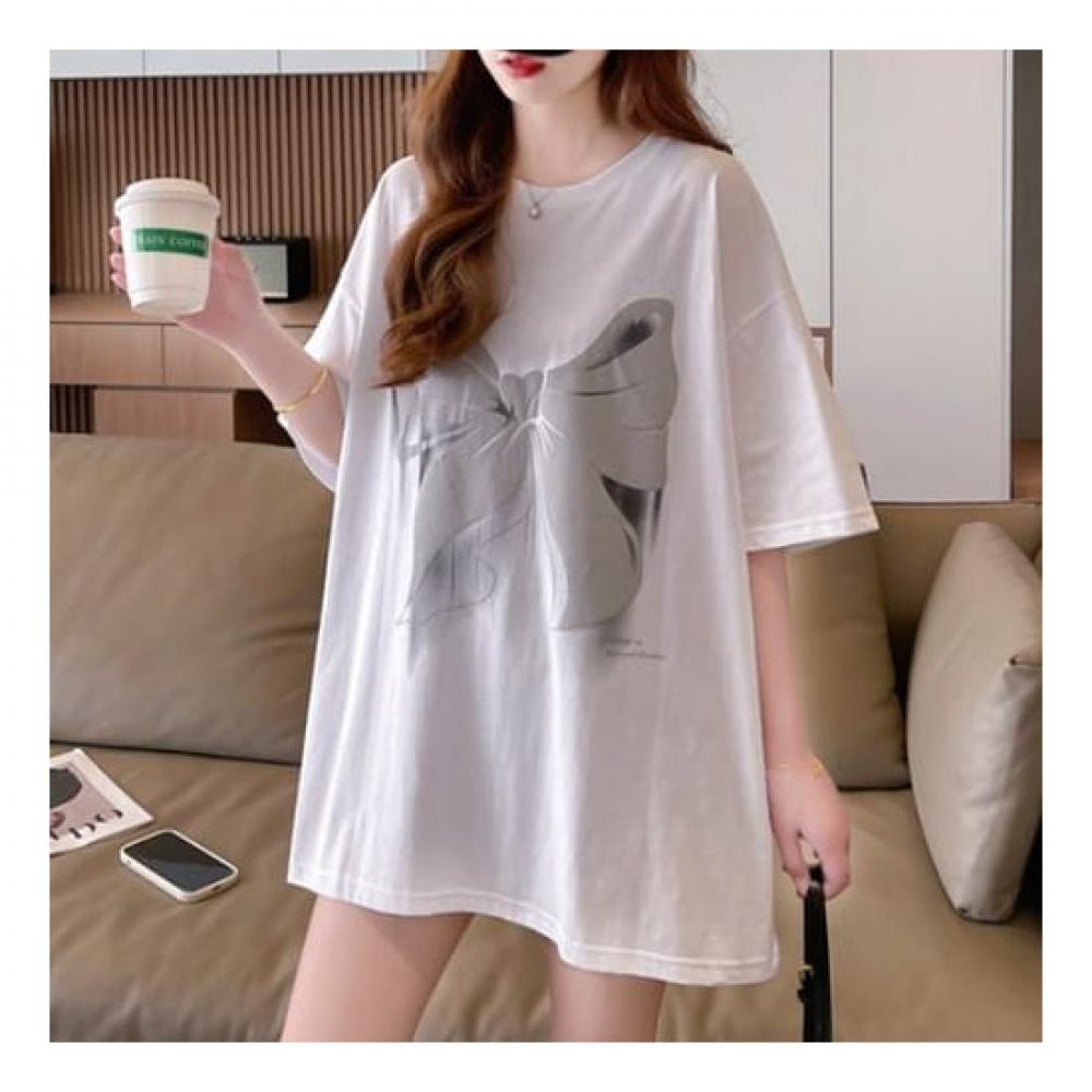 Navava Loose FiT Ribbon PrinT ShorT Sleeve Round Neck T shirT nT1839