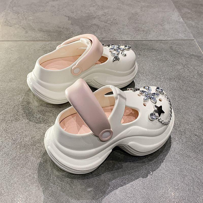 Heightened Thick-soled Non-slip High-end Fashion Hole Shoes 2025 Summer Wear Rhinestone Bag Head Women Cool Slippers Women