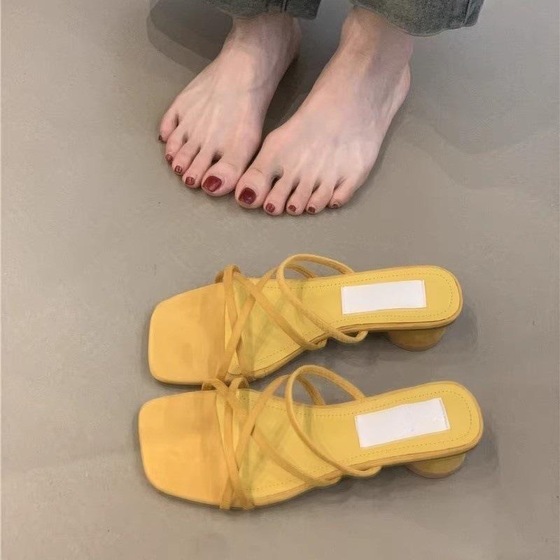 Coarse Heel French Small Cool Slippers Women's Shoes 2025 New Pink with Skirt Evening Breeze Word with Thick Heel Sandals Women