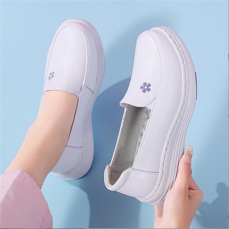 Fashion New Women Flat Genuine Leather Nurse Shoes Casual White Wedge Soft Bottom Slip On Moccasins Comfortable Hollow Out Work Shoes