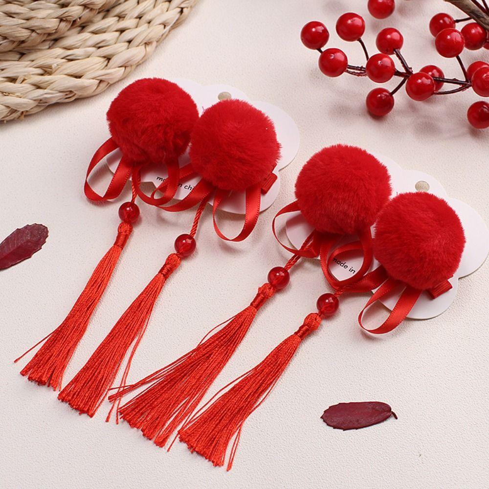 2pcs Tassel Baby Wig Hairpin Chinese Style Red Bowknot Hairclip Children's Bow Wig  New Year Festive