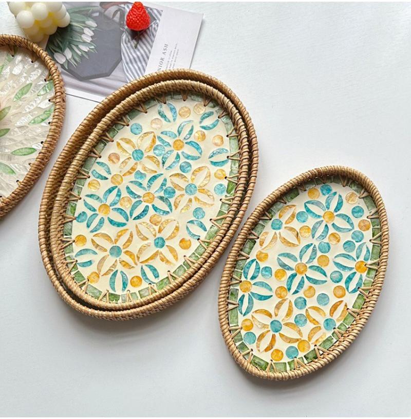 3Pcs Vintage Oval Handmade Rattan Woven Tray Nordic Natural Colorful Shells Weaving Fruit Storage Basket Breakfast Serving Trays