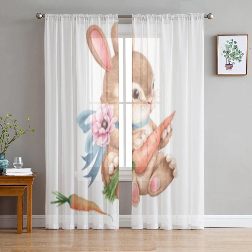 Hase Kaninchen mit Blumen Aquarell durchsichtiger Vorhang für Wohnzimmer moderne Voile Tüll Fenstervorhänge für Schlafzimmer Küche Vorhänge