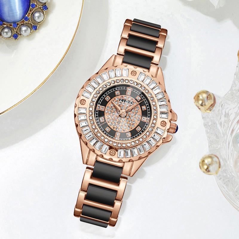 Imitation Ceramic Quartz Watch for Women Minimalist Rhinestone Dial Wristwatch