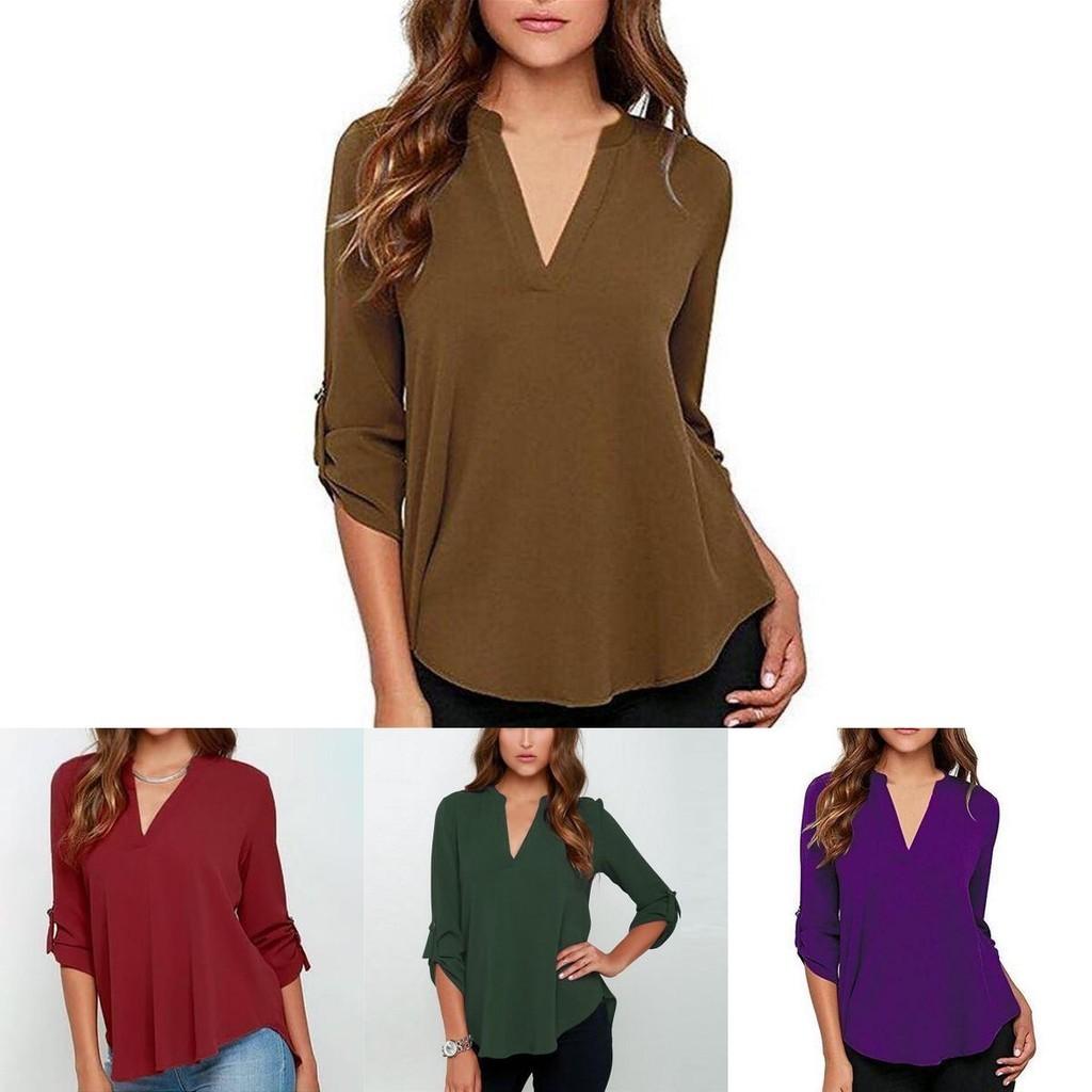 Stilvolles Damen Casual Langarm V-Ausschnitt T-Shirt Pullover Tunika Bluse Optionen