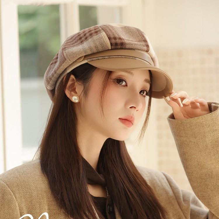 New Plaid Duck Tongue Octagonal Hat Female Beret Autumn and Winter Newsboy Painter Hat