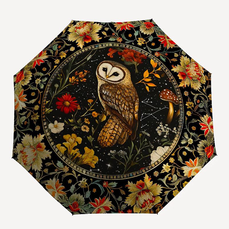 Owl, FloralThemed Automatic Opening and Closing Umbrella - 8 Ribs, Suitable for Leisure and Going Out, Outdoor Accessory, Gothic Style, Fash
