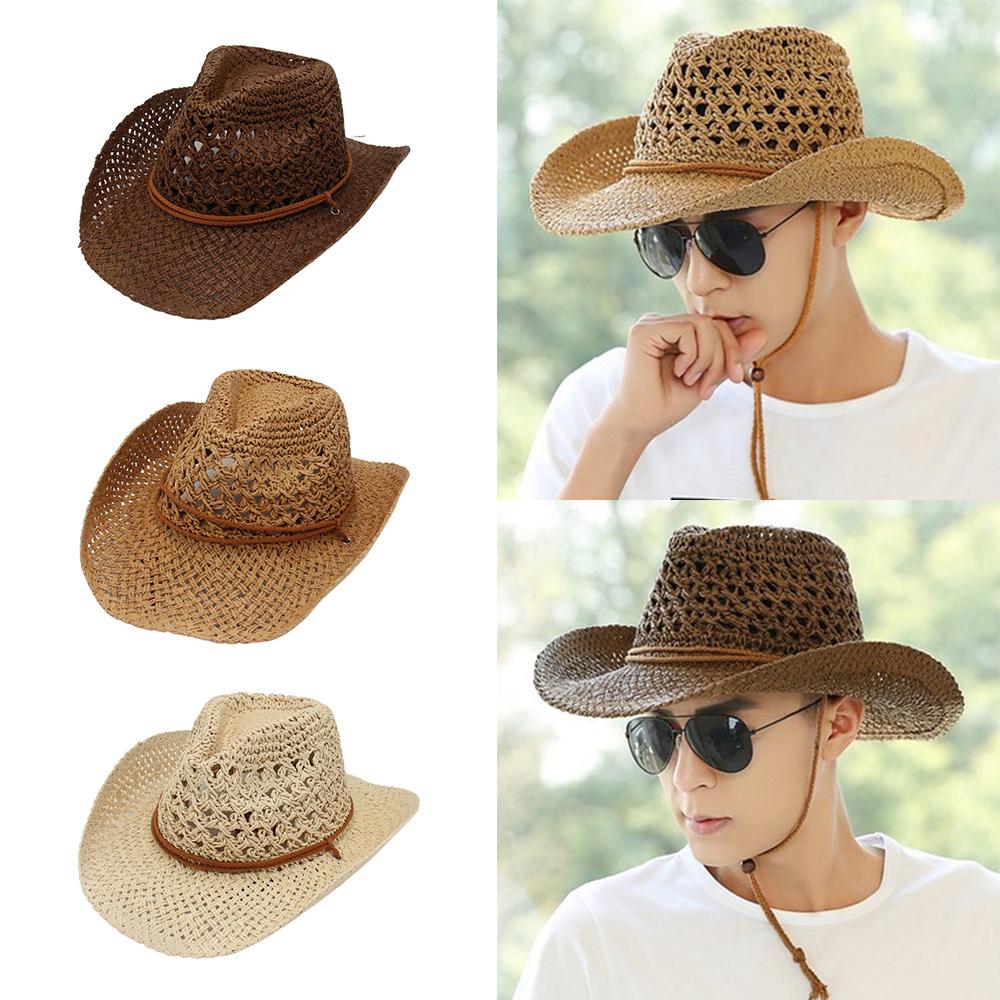 with Adjustable Chin Strap Western Cowgirl Hat Vacation Beach Sun Hat Woven Sun Hat  for Women Men