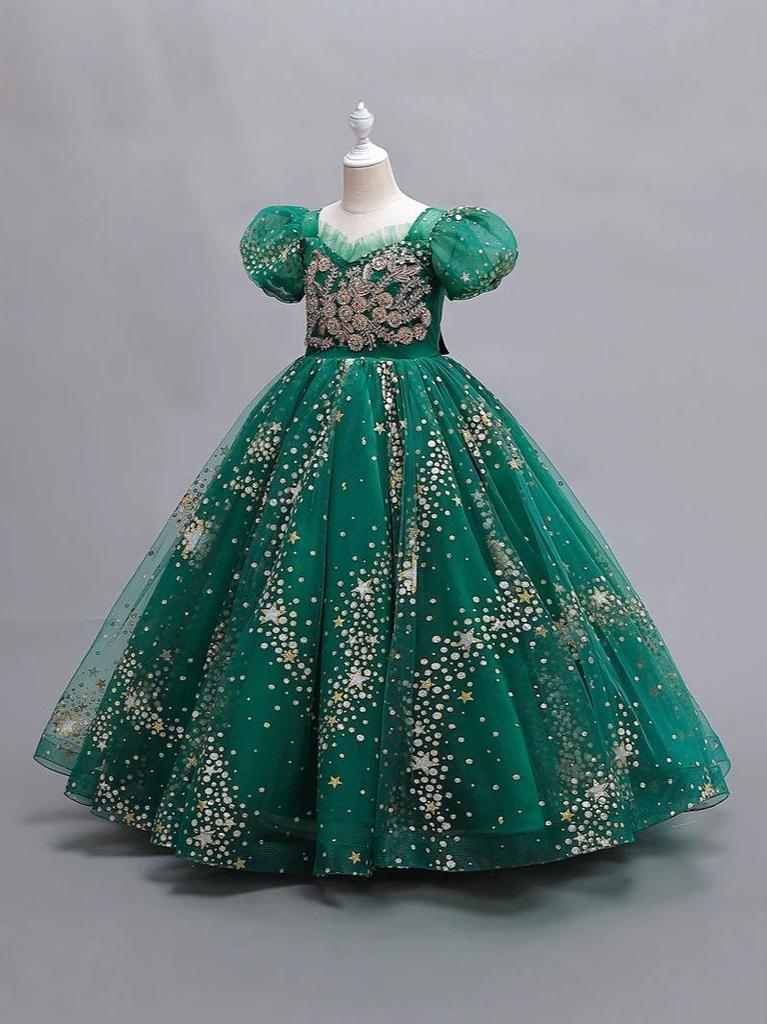 Girls' Princess Puff Sleeve Starlight Mesh Gown for Piano Performance & Banquet